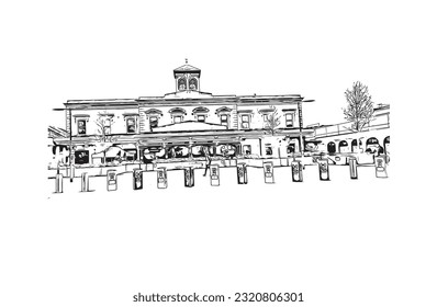 La ciudad de Inglaterra ofrece vistas panorámicas a la lectura.
Dibujo a mano de ilustración de esbozo en vector.