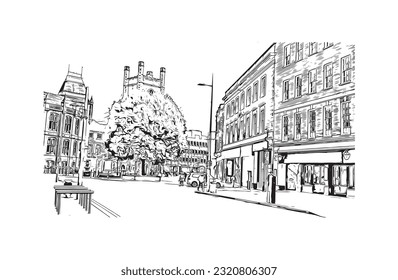 Building view with landmark of  Reading is the town in England.
Hand drawn sketch illustration in vector.