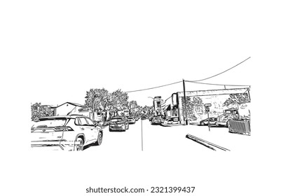 Building view with landmark of Redding is a city in Northern California. Hand drawn sketch illustration in vector.