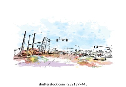 Construir vistas con monumentos de Redding es una ciudad en el norte de California. Salto de color de agua con ilustración de esbozo dibujada a mano en vector.