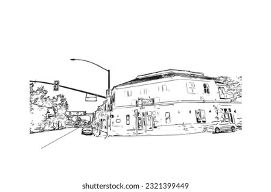 Building view with landmark of Redding is a city in Northern California. Hand drawn sketch illustration in vector.
