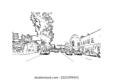Construir vistas con monumentos de Redding es una ciudad en el norte de California. Dibujo a mano de ilustración de esbozo en vector.