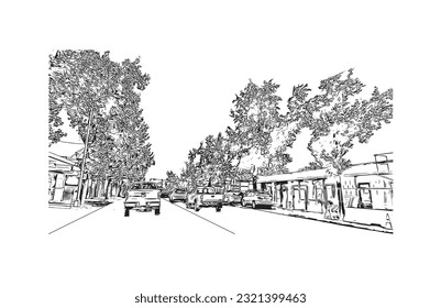Building view with landmark of Redding is a city in Northern California. Hand drawn sketch illustration in vector.