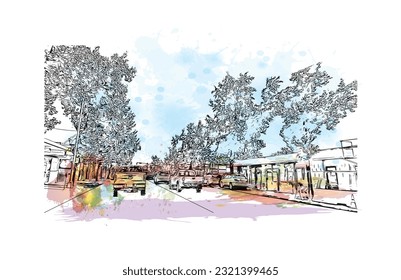 Die Stadt Redding ist eine Stadt in Nordkalifornien. Aquarellspritzer mit handgezeichneter Skizzengrafik in Vektorgrafik.