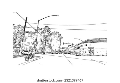 Building view with landmark of Redding is a city in Northern California. Hand drawn sketch illustration in vector.