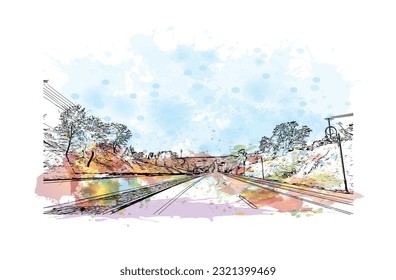 Building view with landmark of Redding is a city in Northern California. Watercolor splash with hand drawn sketch illustration in vector.
