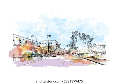 Building view with landmark of Redding is a city in Northern California. Watercolor splash with hand drawn sketch illustration in vector.