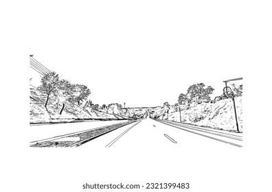 Construir vistas con monumentos de Redding es una ciudad en el norte de California. Dibujo a mano de ilustración de esbozo en vector.