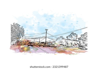 Building view with landmark of Redding is a city in Northern California. Watercolor splash with hand drawn sketch illustration in vector.