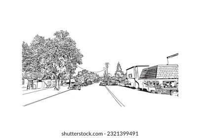 Building view with landmark of Redding is a city in Northern California. Hand drawn sketch illustration in vector.