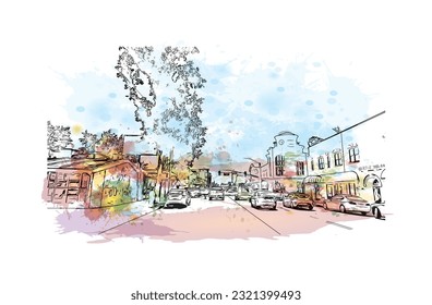 Building view with landmark of Redding is a city in Northern California. Watercolor splash with hand drawn sketch illustration in vector.
