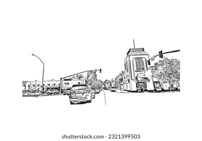 Die Stadt Redding ist eine Stadt in Nordkalifornien. Handgezeichnete Skizzengrafik in Vektorgrafik.