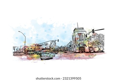 Building view with landmark of Redding is a city in Northern California. Watercolor splash with hand drawn sketch illustration in vector.