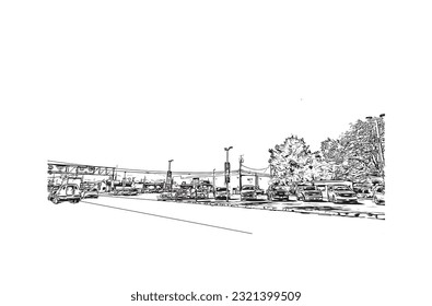 Building view with landmark of Redding is a city in Northern California. Hand drawn sketch illustration in vector.