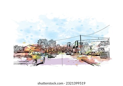 Building view with landmark of Redding is a city in Northern California. Watercolor splash with hand drawn sketch illustration in vector.