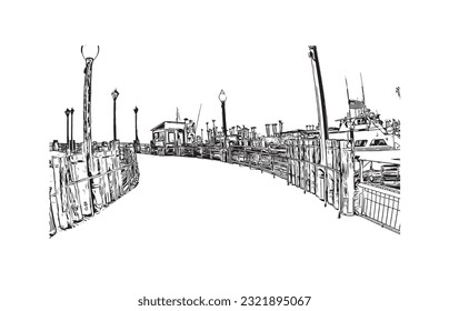 Building view with landmark of Redondo Beach is the city in California. Hand drawn sketch illustration in vector. 