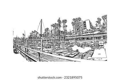 Building view with landmark of Redondo Beach is the city in California. Hand drawn sketch illustration in vector. 