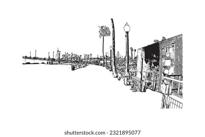 Building view with landmark of Redondo Beach is the city in California. Hand drawn sketch illustration in vector. 