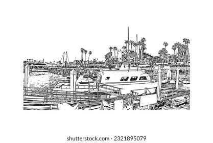 Die Stadt in Kalifornien ist die Stadt mit dem Blick auf den Strand von Redondo. Handgezeichnete Skizzengrafik in Vektorgrafik. 