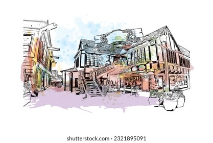 Building view with landmark of Redondo Beach is the city in California. Watercolor splash with hand drawn sketch illustration in vector. 