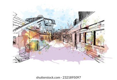 Building view with landmark of Redondo Beach is the city in California. Watercolor splash with hand drawn sketch illustration in vector. 