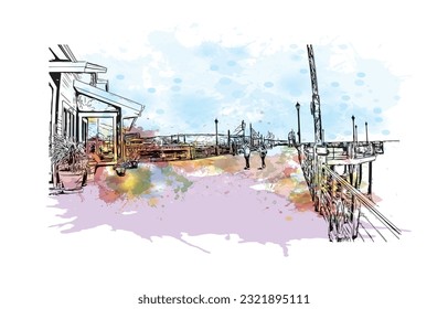 Building view with landmark of Redondo Beach is the city in California. Watercolor splash with hand drawn sketch illustration in vector. 