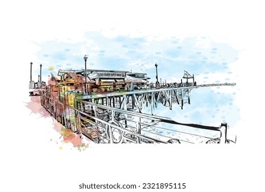 Building view with landmark of Redondo Beach is the city in California. Watercolor splash with hand drawn sketch illustration in vector. 