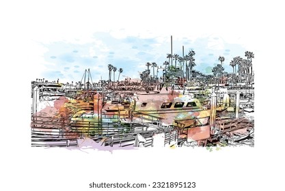 Building view with landmark of Redondo Beach is the city in California. Watercolor splash with hand drawn sketch illustration in vector. 