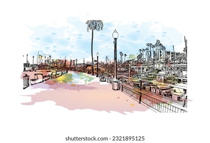 Building view with landmark of Redondo Beach is the city in California. Watercolor splash with hand drawn sketch illustration in vector. 