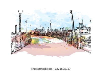 La ciudad de California ofrece vistas panorámicas a la playa de Redondo. Salto de color de agua con ilustración de esbozo dibujada a mano en vector. 