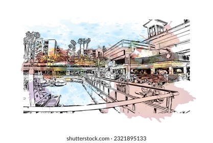 La ciudad de California ofrece vistas panorámicas a la playa de Redondo. Salto de color de agua con ilustración de esbozo dibujada a mano en vector. 
