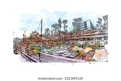 Building view with landmark of Redondo Beach is the city in California. Watercolor splash with hand drawn sketch illustration in vector. 