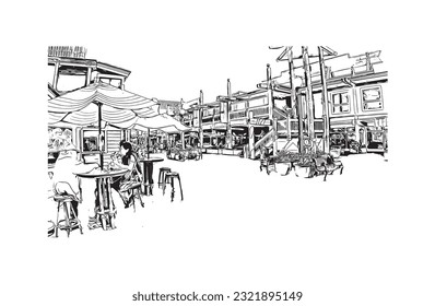 Building view with landmark of Redondo Beach is the city in California. Hand drawn sketch illustration in vector. 