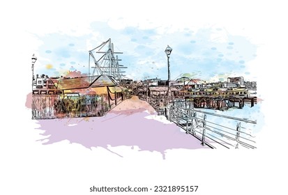 Building view with landmark of Redondo Beach is the city in California. Watercolor splash with hand drawn sketch illustration in vector. 