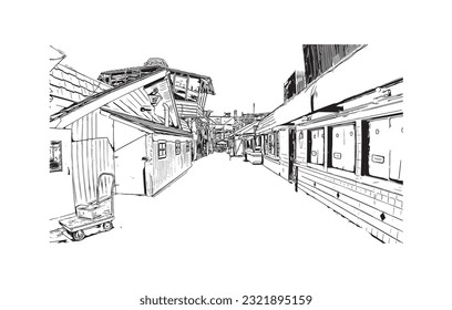 La ciudad de California ofrece vistas panorámicas a la playa de Redondo. Dibujo a mano de ilustración de esbozo en vector. 