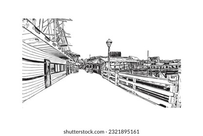 Building view with landmark of Redondo Beach is the city in California. Hand drawn sketch illustration in vector. 