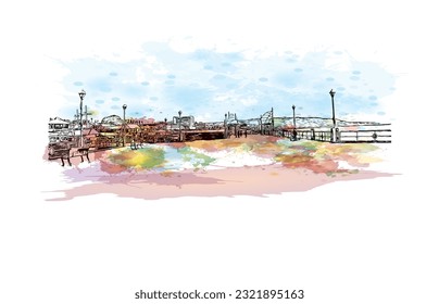 Building view with landmark of Redondo Beach is the city in California. Watercolor splash with hand drawn sketch illustration in vector. 