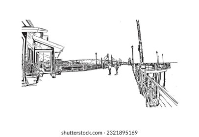 La ciudad de California ofrece vistas panorámicas a la playa de Redondo. Dibujo a mano de ilustración de esbozo en vector. 