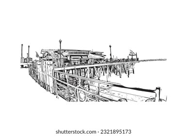 Building view with landmark of Redondo Beach is the city in California. Hand drawn sketch illustration in vector. 