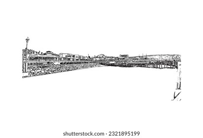 La ciudad de California ofrece vistas panorámicas a la playa de Redondo. Dibujo a mano de ilustración de esbozo en vector. 