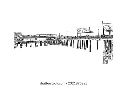 Building view with landmark of Redondo Beach is the city in California. Hand drawn sketch illustration in vector. 