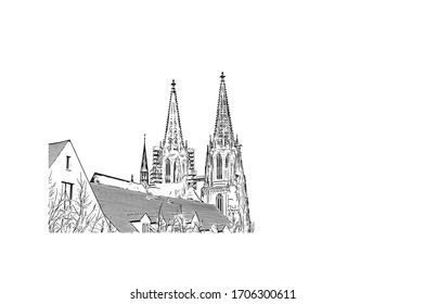 Building view with landmark of Regensburg, a Bavarian city on the Danube River in southeast Germany. Hand drawn sketch illustration in vector.