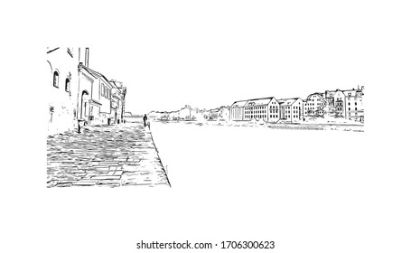 Building view with landmark of Regensburg, a Bavarian city on the Danube River in southeast Germany. Hand drawn sketch illustration in vector.
