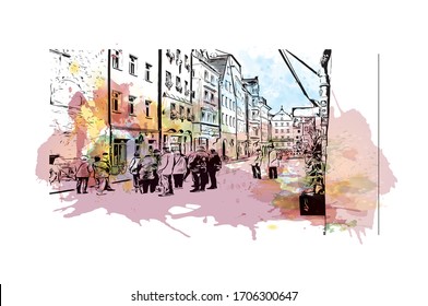 Building view with landmark of Regensburg, a Bavarian city on the Danube River in southeast Germany. Watercolor splash Hand drawn sketch illustration in vector.