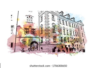 Building view with landmark of Regensburg, a Bavarian city on the Danube River in southeast Germany. Watercolor splash Hand drawn sketch illustration in vector.