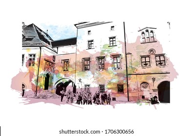 Building view with landmark of Regensburg, a Bavarian city on the Danube River in southeast Germany. Watercolor splash Hand drawn sketch illustration in vector.