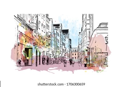 Building view with landmark of Regensburg, a Bavarian city on the Danube River in southeast Germany. Watercolor splash Hand drawn sketch illustration in vector.