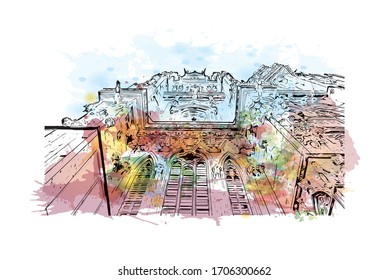 Building view with landmark of Regensburg, a Bavarian city on the Danube River in southeast Germany. Watercolor splash Hand drawn sketch illustration in vector.