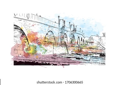 Building view with landmark of Regensburg, a Bavarian city on the Danube River in southeast Germany. Watercolor splash Hand drawn sketch illustration in vector.