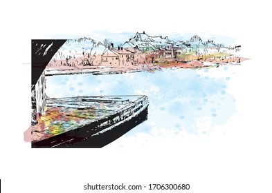 Building view with landmark of Regensburg, a Bavarian city on the Danube River in southeast Germany. Watercolor splash Hand drawn sketch illustration in vector.